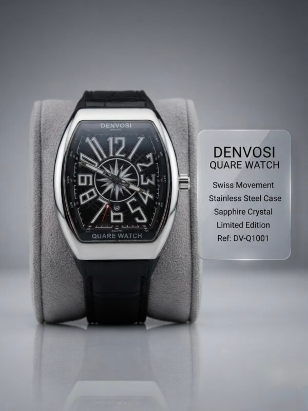 Denvosi Quare Luxury Tonneau Quartz Watch – Matte Black & Silver