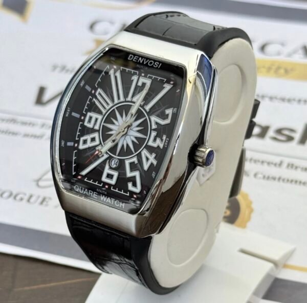Denvosi Quare Luxury Tonneau Quartz Watch – Matte Black & Silver