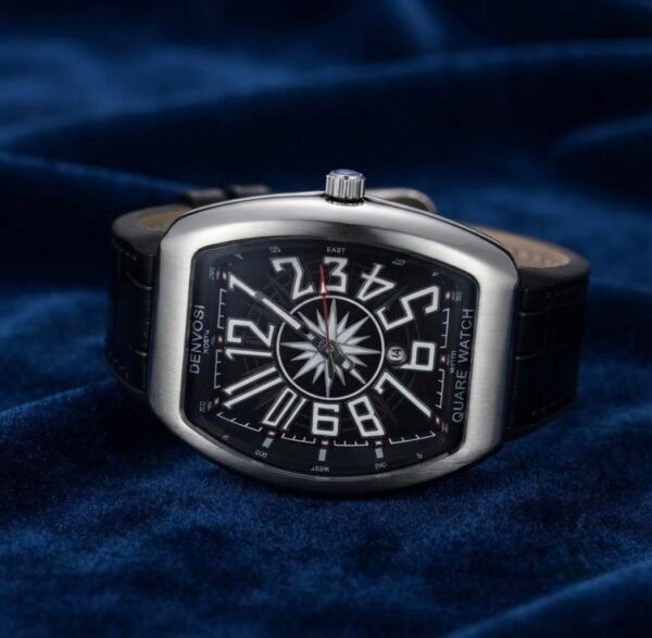 Denvosi Quare Luxury Tonneau Quartz Watch – Matte Black & Silver
