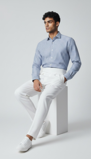 Men's Classic Blue Vertical Striped Cotton Shirt