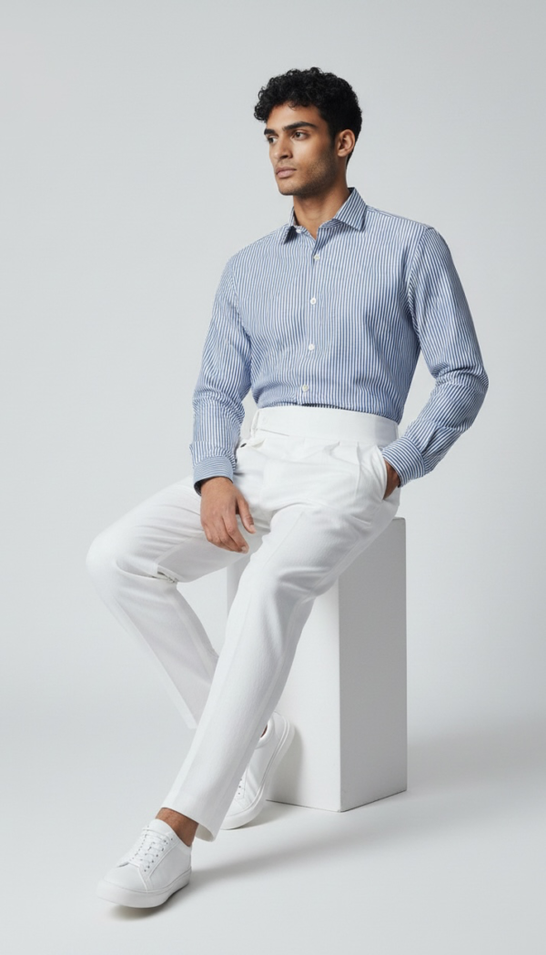 Men's Classic Blue Vertical Striped Cotton Shirt